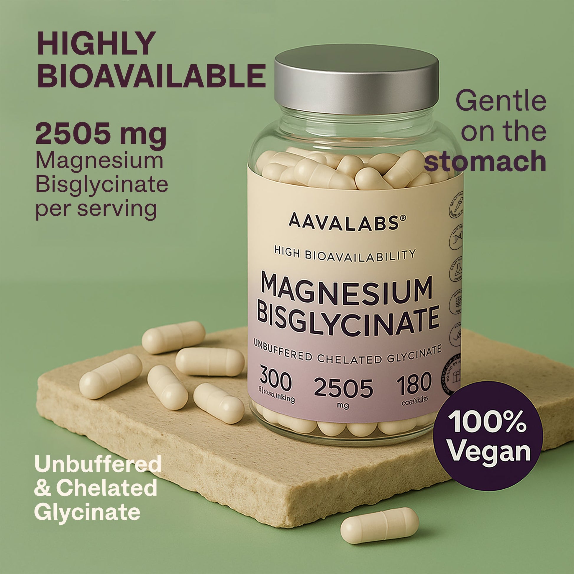 Magnesium Bisglycinate bottle with capsules on a natural surface, labelled 100% vegan AAVALABS