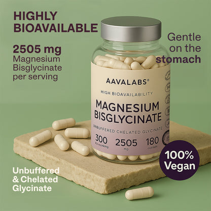Magnesium Bisglycinate bottle with capsules on a natural surface, labelled 100% vegan AAVALABS