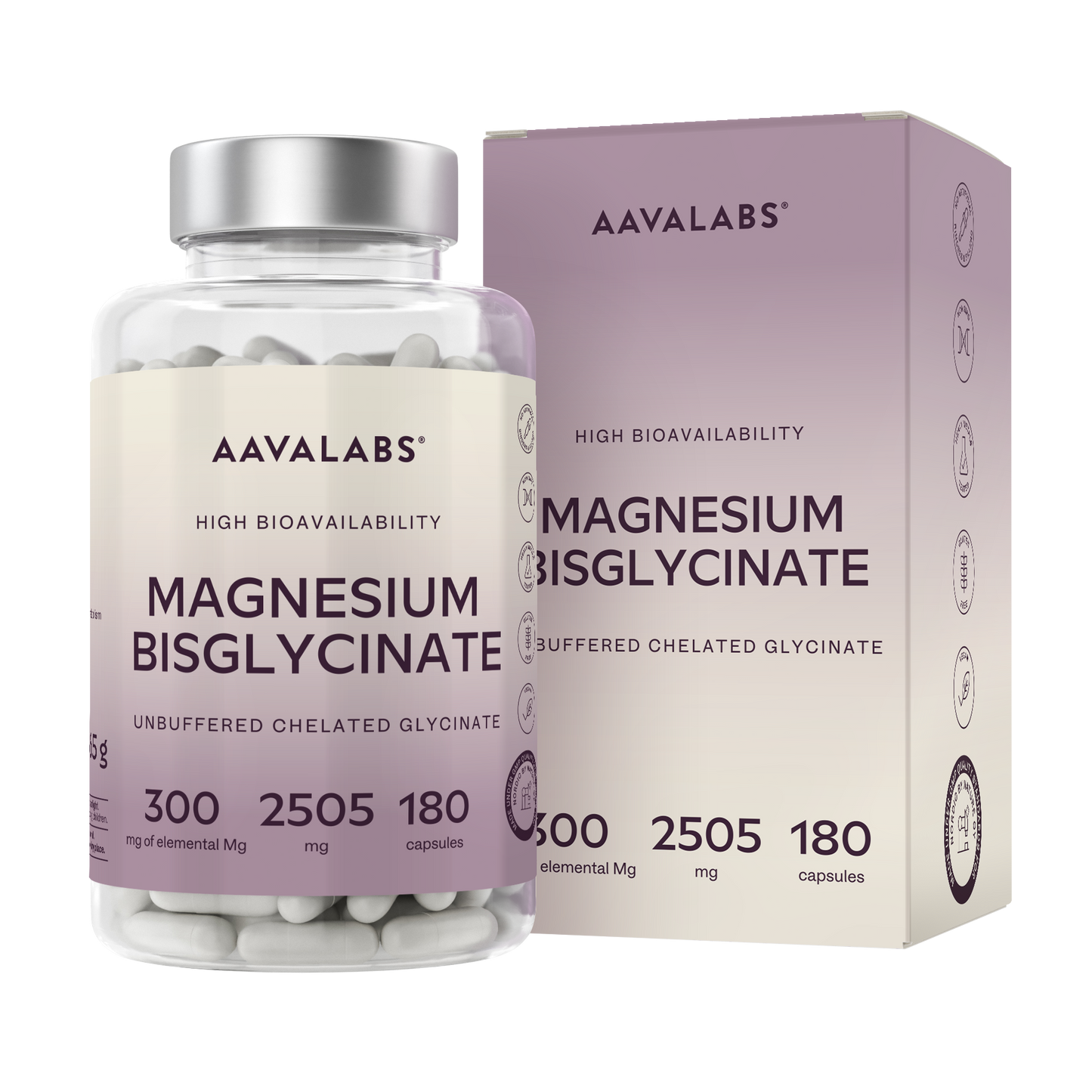 Bottle and box of Magnesium Bisglycinate supplement with 180 capsules AAVALABS