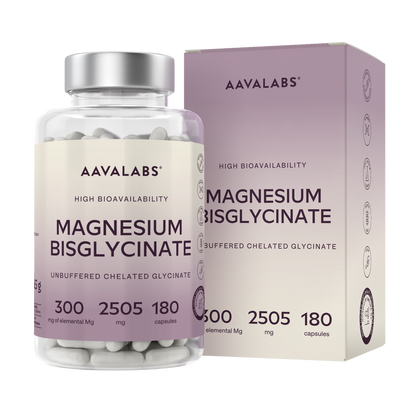 Bottle and box of Magnesium Bisglycinate supplement with 180 capsules AAVALABS